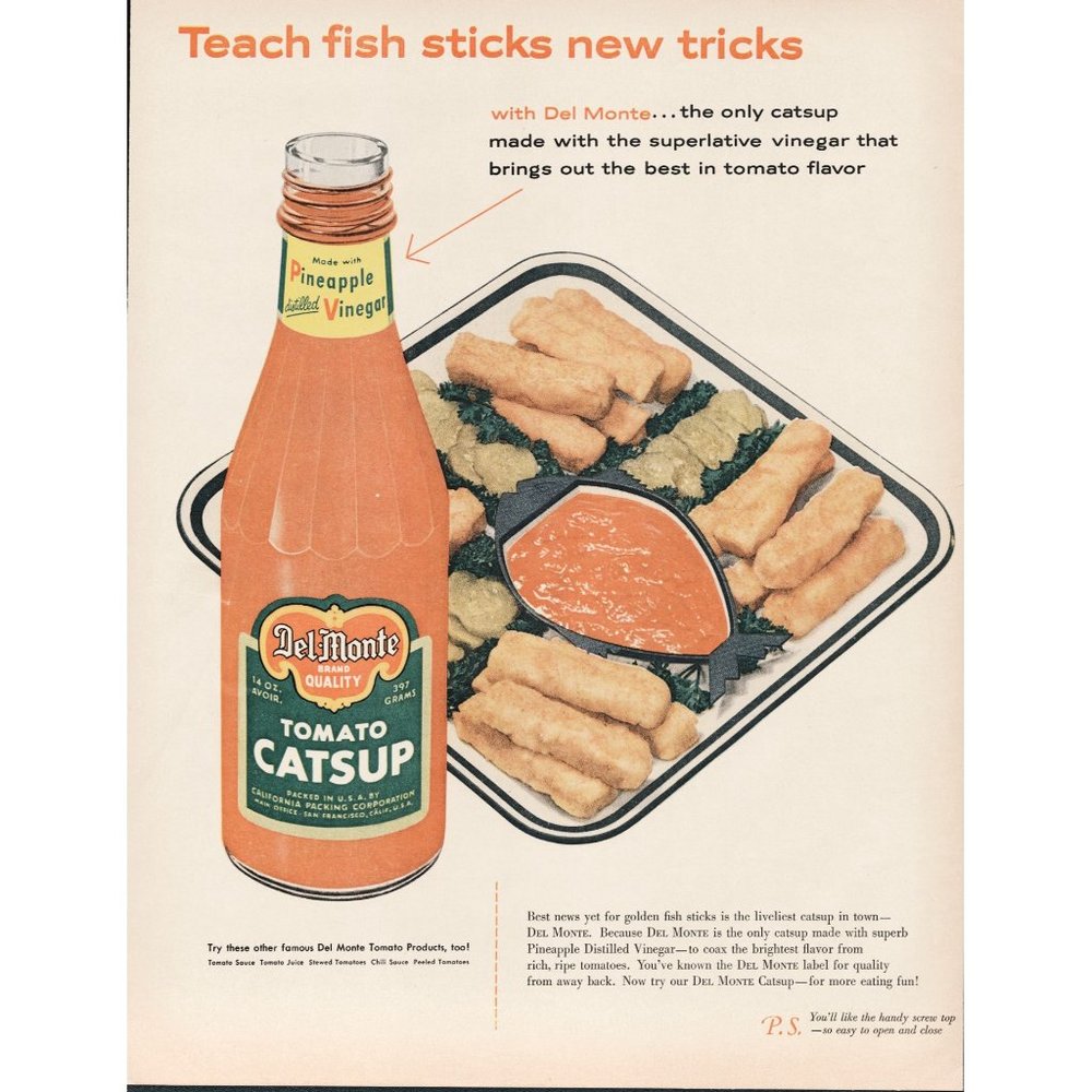 1956 Del Monte Pineapple Vinegar Catsup Vintage Print Ad Fish Sticks Plate 10x13
